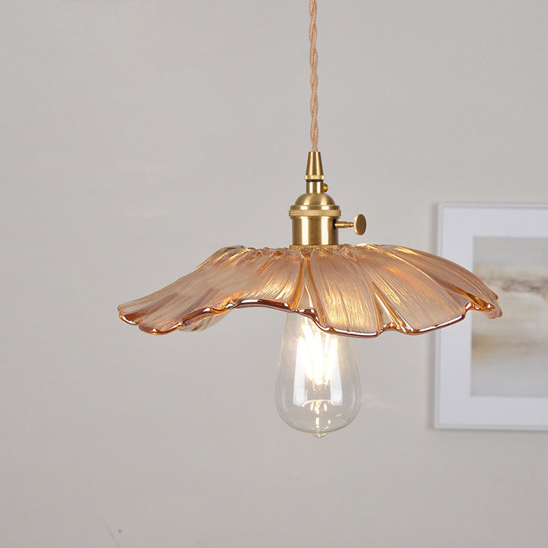 Skanto | Moderne Art Deco Solsikke Lotusblad Glasskjerm Messing 1-Lys Pendellampe for Stue