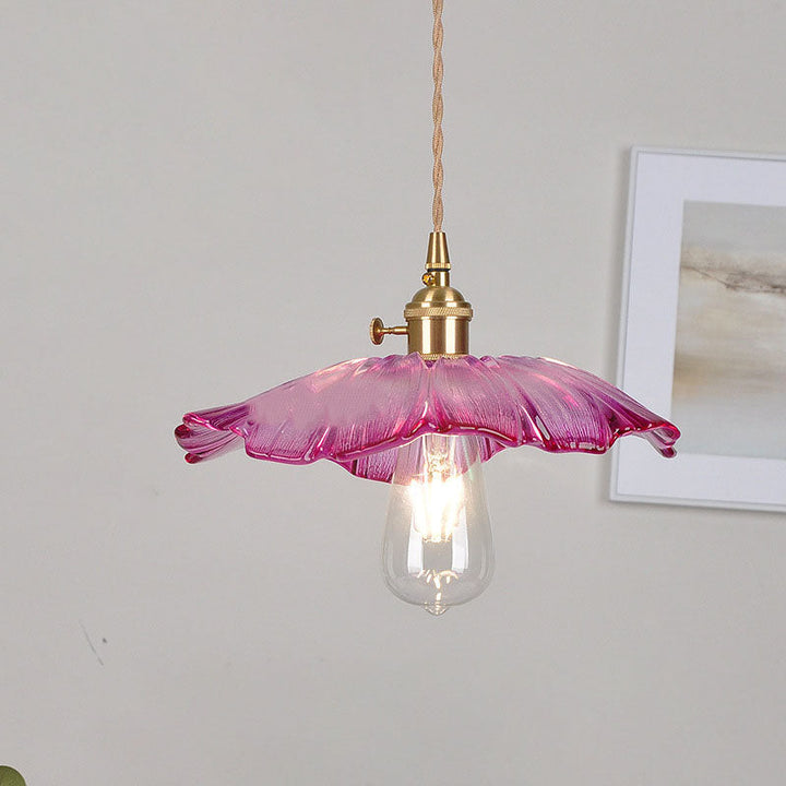 Skanto | Moderne Art Deco Solsikke Lotusblad Glasskjerm Messing 1-Lys Pendellampe for Stue