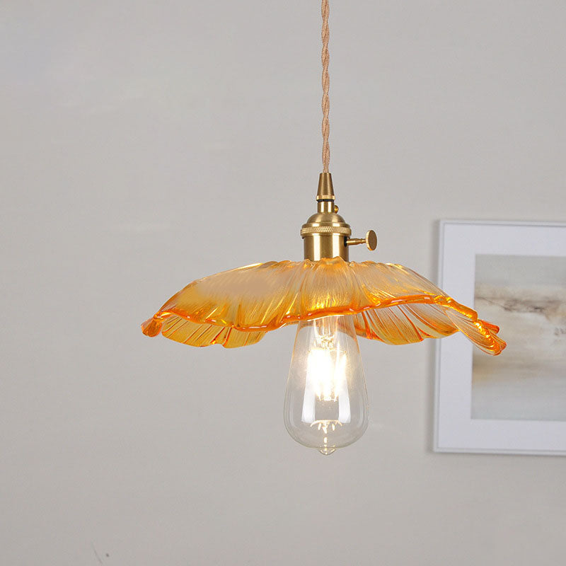 Skanto | Moderne Art Deco Solsikke Lotusblad Glasskjerm Messing 1-Lys Pendellampe for Stue