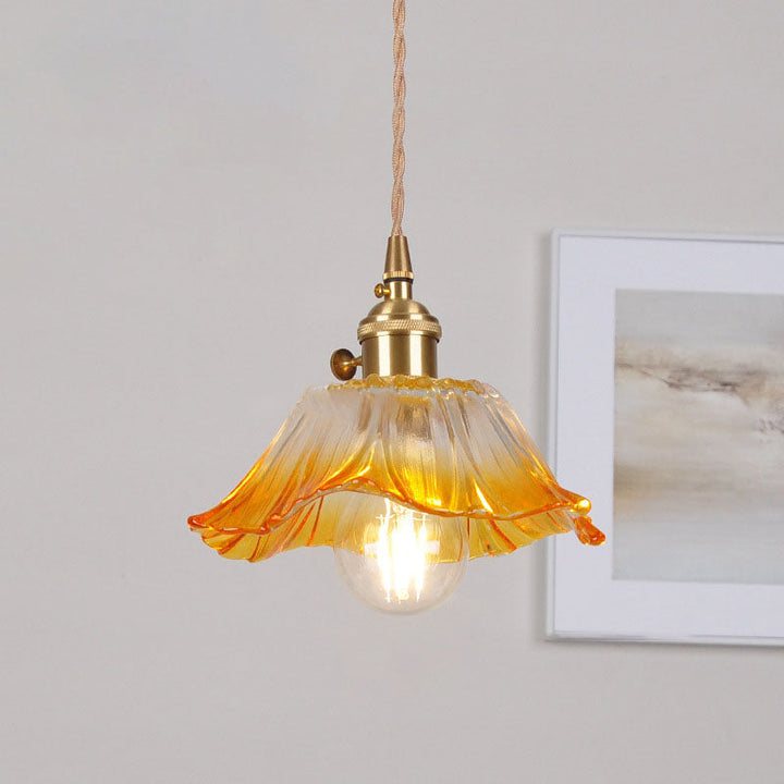Skanto | Moderne Art Deco Solsikke Lotusblad Glasskjerm Messing 1-Lys Pendellampe for Stue