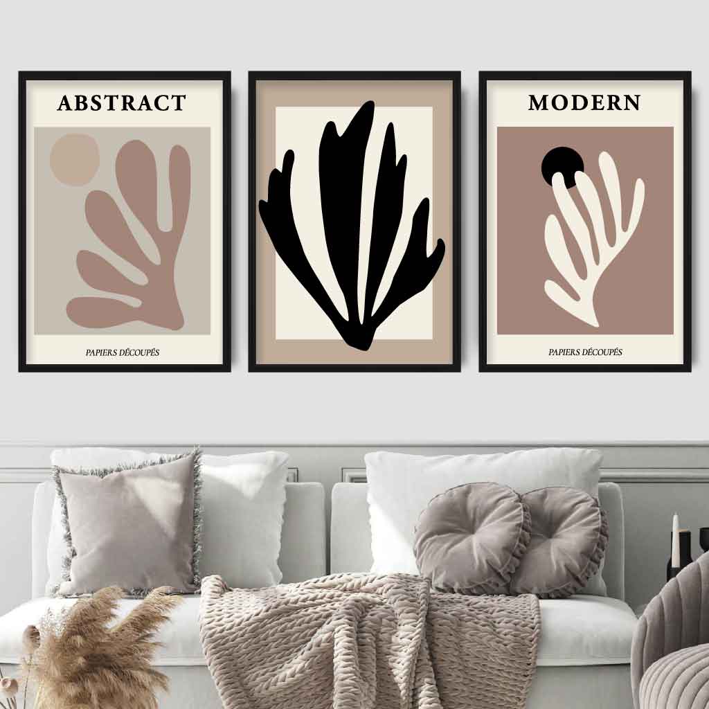 Abstrakt moderne veggkunstsett i Matisse-stil, svart, beige, sett med 3