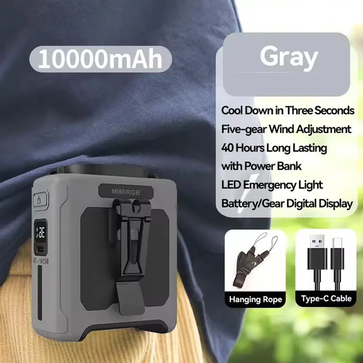 10000mAh Livstikkontaktvifte med Power Bank – Bærbar Håndfri Oppladbar Vifte | 5-Hastigheters Kjøling, Batteri Visning, USB Lading, Utendørs Bærbar Vifte | Skanto