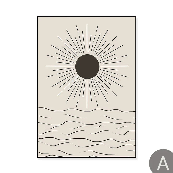 Sol Hav Sirkel Minimalistisk Linjekunst Svart Hvit Veggkunst Fin Kunst Lerretstrykk Bilder For Moderne Stue Soverom Hjemmedekor | Skanto