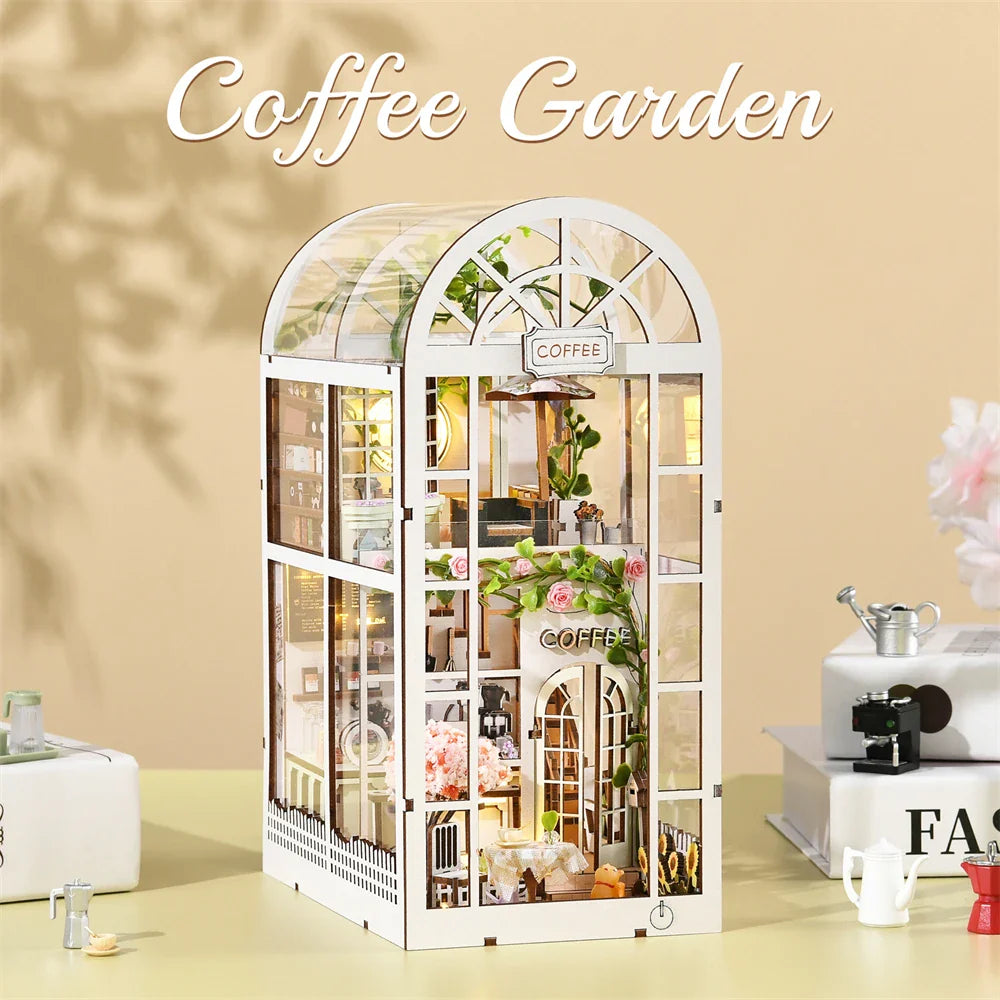 Skanto | SoleCaffè DIY Bokhylle | Miniatyr Kaffehus 3D Trebyggesett | Med LED-belysning | Kreativ Bokhylla Diorama & Gaveidé