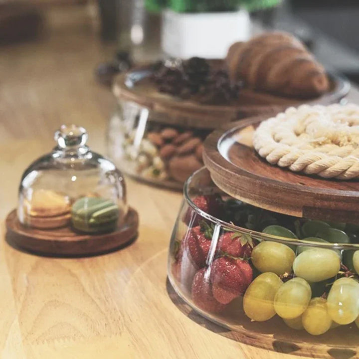 Skanto | Glasskål med treskap – Solid oppbevaringsbolle for snacks og søtsaker