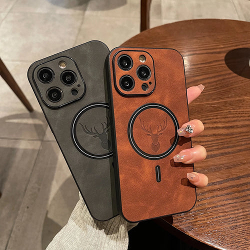 Skanto | Luxury Deer Leather Apple iPhone Case | Magnetisk telefonveske, trådløs veske, MagSafe, trådløs lading, beskyttelsesveske, deksel for iPhone 15, 14, 13 Pro Max Plus