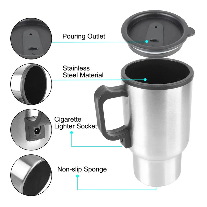 Skanto | 12V Elektrisk varmtvannskjele for bil - 450ml rustfritt stål termokopp for vann, kaffe, melk - Reiser & Camping