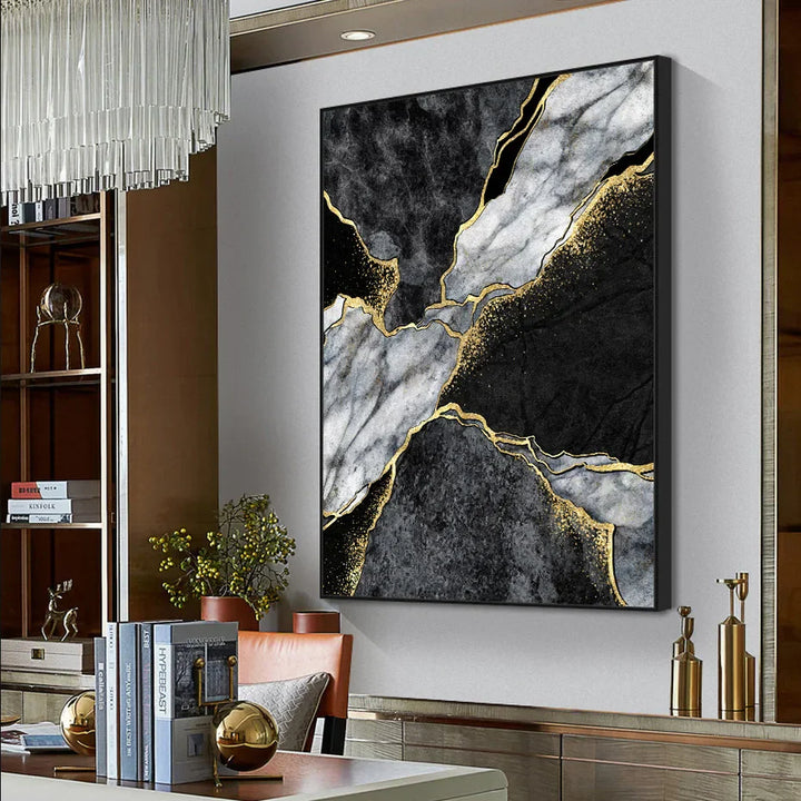 Moderne Abstrakt Svart Grå Gull Geode Marmor Trykk Veggkunst Fine Kunst Lerret Trykk Bilder For Luksus Leilighet Stue Hjem Kontor Dekor | Skanto