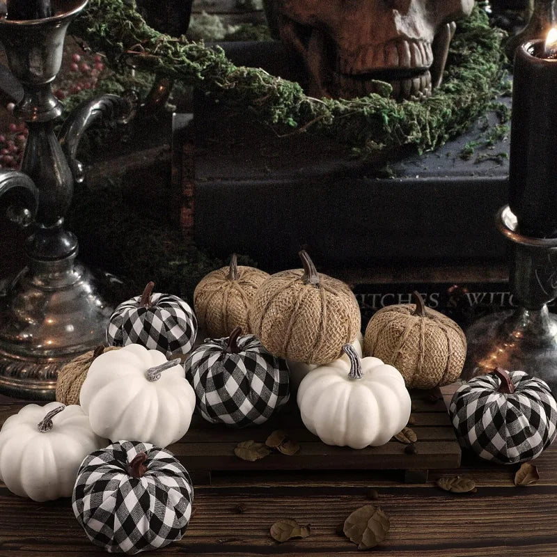 Skanto | Sett med 12 dekorative gresskar laget av jute materiale for høst og Halloween