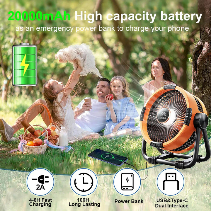 Campingvifte med 20 000mAh batteri, LED-lys og fjernkontroll – WindMate | Skanto