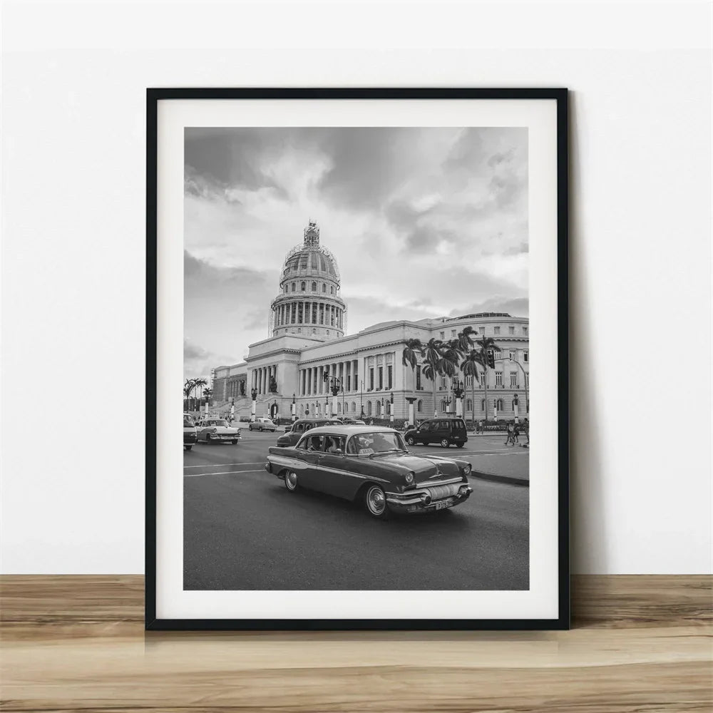 Cuba Havana Black & White Reiseplakat Veggkunst Fine Art Lærred Trykk Bilder For Stue Spisestue | Skanto