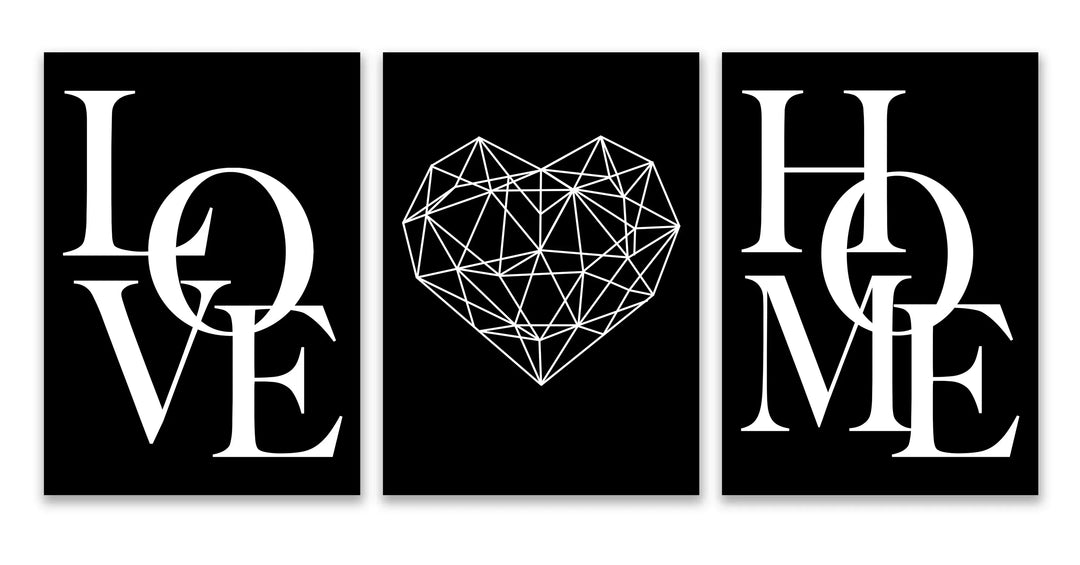 Sett med 3Pcs Geometric Love Home Heart Wall Art Fine Art Canvas Prints Black White Minimalist Posters Pictures For Living Room Bedroom Art Decor | Skanto