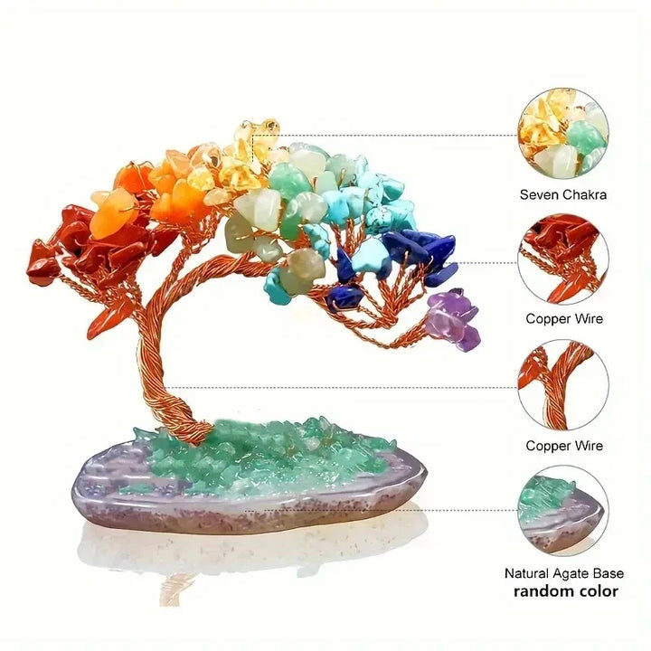 Skanto | Krystalltre AuroraTree | Naturlige Edelstener | Agatbase & Kobbertråd | Feng Shui Lykke Tre 10 cm