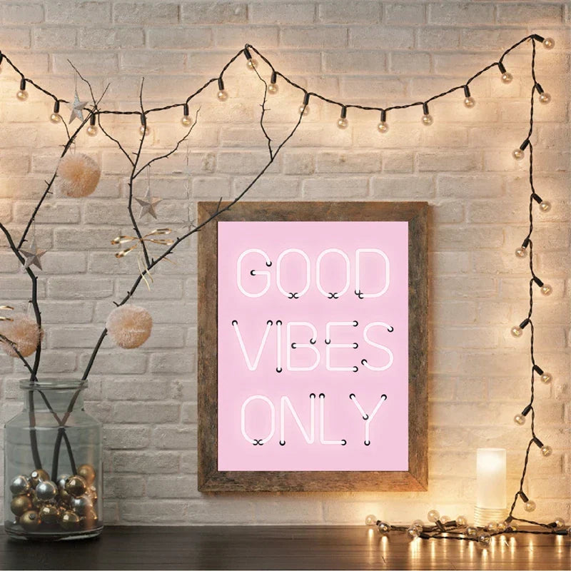God Vibes Only Neon Rosa Plakat Veggkunst Fine Art Lerret Utskrifter Positivitet Bilde For Stue Jenters Soverom Salong Kunst Decor | Skanto