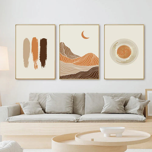 Abstrakt Geometrisk Taupe Terracotta Landskap Sol Måne Veggkunst Fine Art Lerret Trykk Bilder For Stue Soverom Kunstdecor | Skanto