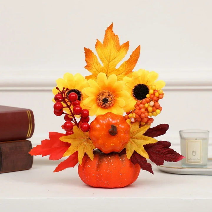 Skanto | Høstmagi | Dekorativ gresskar med kunstige blomster | 25–30 cm | Høst- og Halloween-dekor
