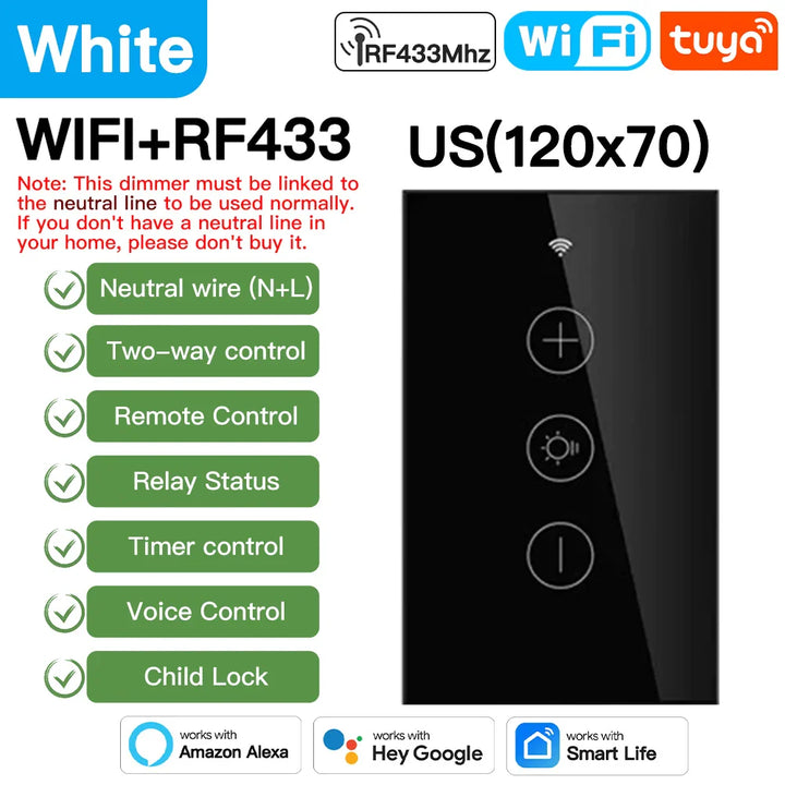 Tuya Smart Light Wall Switch med nøytral leder - WiFi-enhet Dimmerkontroll via SmartLife Google Alexa-apper