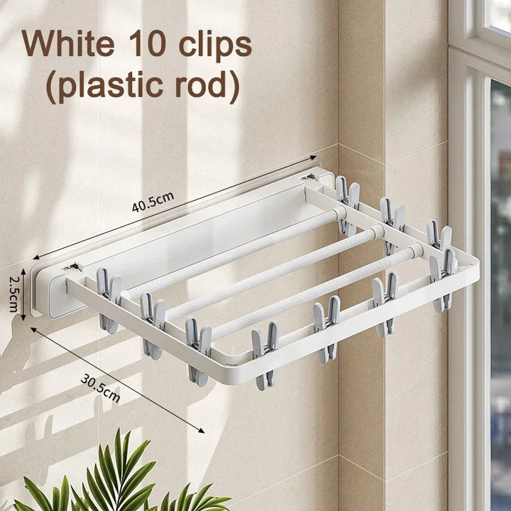 Skanto | DryFold Veggemontert Sammenleggbart Klesstativ | Sammenleggbart & Plassbesparende | Med Vindmotstandsdyktige Klemmer | Plast/ Rustfritt Stål