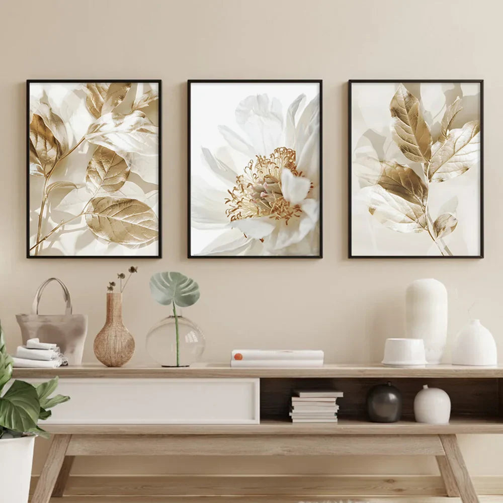 Moderne hvite & gyldne blomster veggkunst fine kunst lerretsutskrifter bilder for stue, spisestue, soverom kunstdekor (sett med 3 stykker) | Skanto