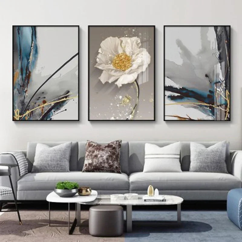 Moderne abstrakte florale veggkunst Fine Art lerrettrykk blå grå botaniske bilder for stue soverom veggkunst dekor | Skanto