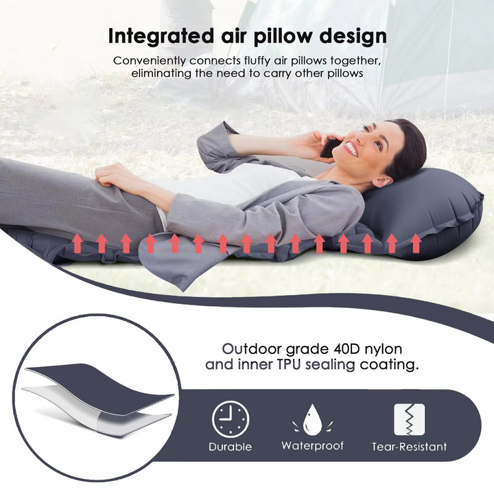 Skanto | Ultra-comfort oppblåsbar campingmadrass med integrert pute og pumpe