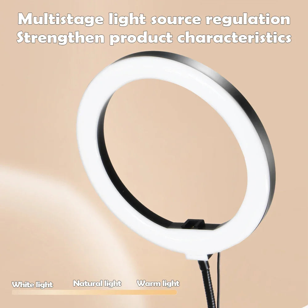 Skanto | LumiFlex LED-Ringlampe med fleksibel arm & telefonholder | 3 lysfarger & USB-port | Perfekt for livestream, video & selfie