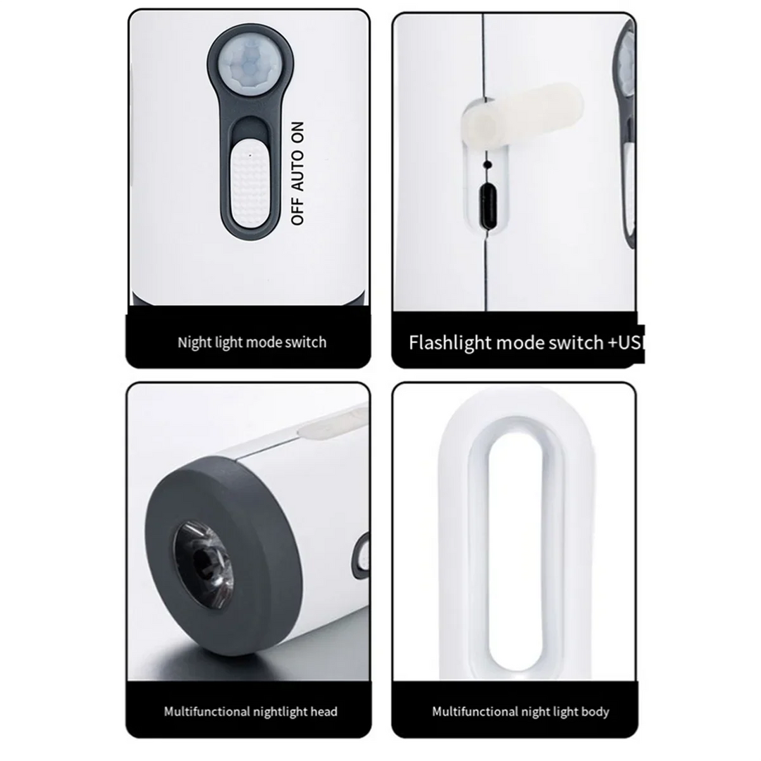 Skanto | LED nattlys med bevegelsessensor | 2-i-1 nattlys & lommelykt | Oppladbart & nødlys | Skumringssensor
