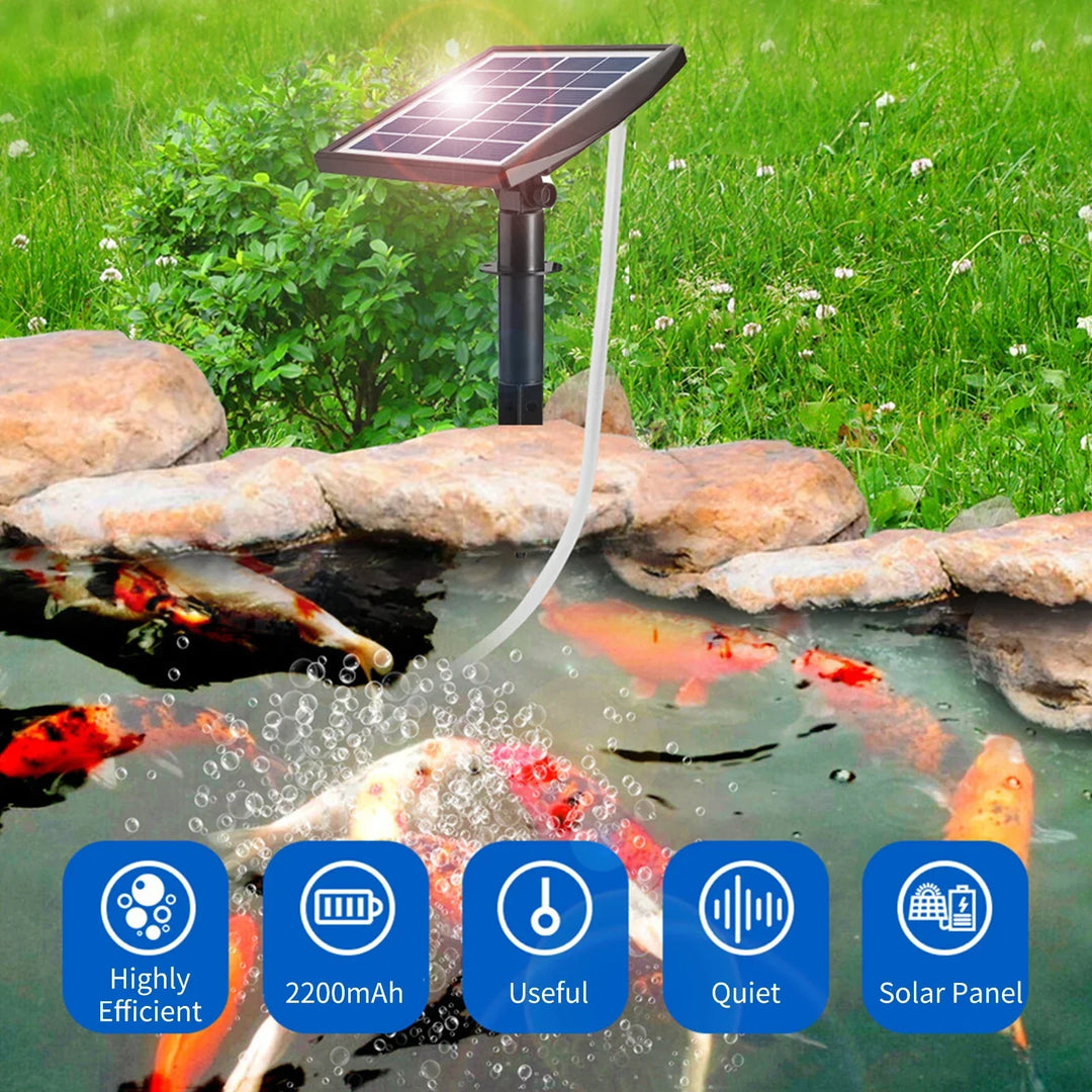 Skanto | AquaSola Solarbetriftet Oksygenpumpe med Batteri | 6V 2W | For Dammer & Akvarier | Inkludert 2 Luftsteiner & 0,25 cm Slange