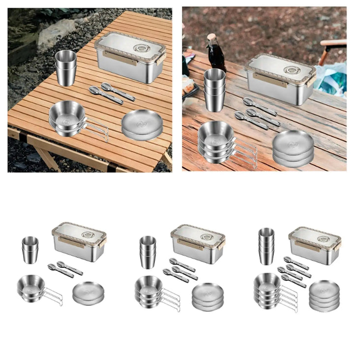 Frendorf | Camping Messware Kit Rustfritt Stål Servise med Oppbevaringsboks – CampSet
