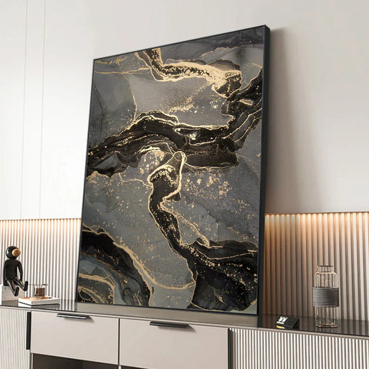 Abstrakt Svart Grå Gull Flytende Marmor Trykk Veggkunst Fin Kunst Lerret Trykk Bilder For Moderne Leilighet Stue Hjemme Kontor Dekor | Skanto