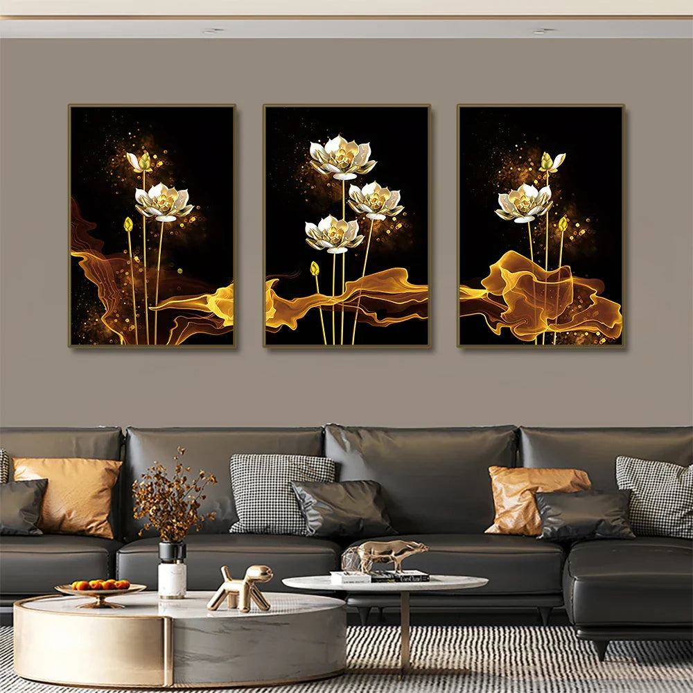 Sett med 3PCs Hvit Gylden Lotus Eksotisk Blomster Veggkunst Fin Kunst Lerret Utskrifter Eksotiske Botaniske Bilder for Luksuriøs Stue Spisestue Soverom Kunst Dekor | Skanto