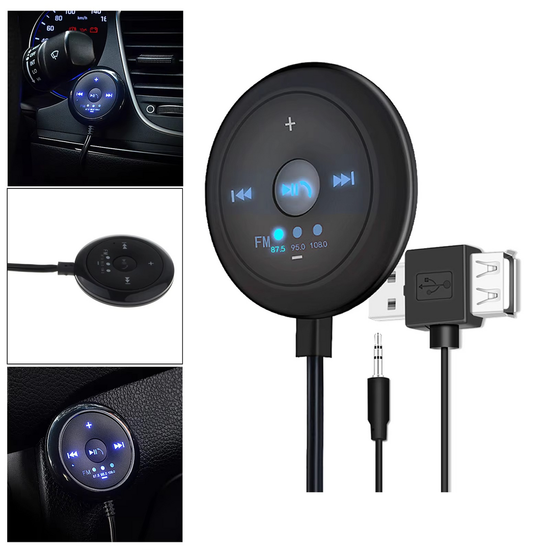 Skanto | 2-i-1 Bluetooth 5.0 Bilspiller med FM-sender, AUX-inngang, 500mAh batteri, 5V inngang, kompatibel med telefoner og nettbrett