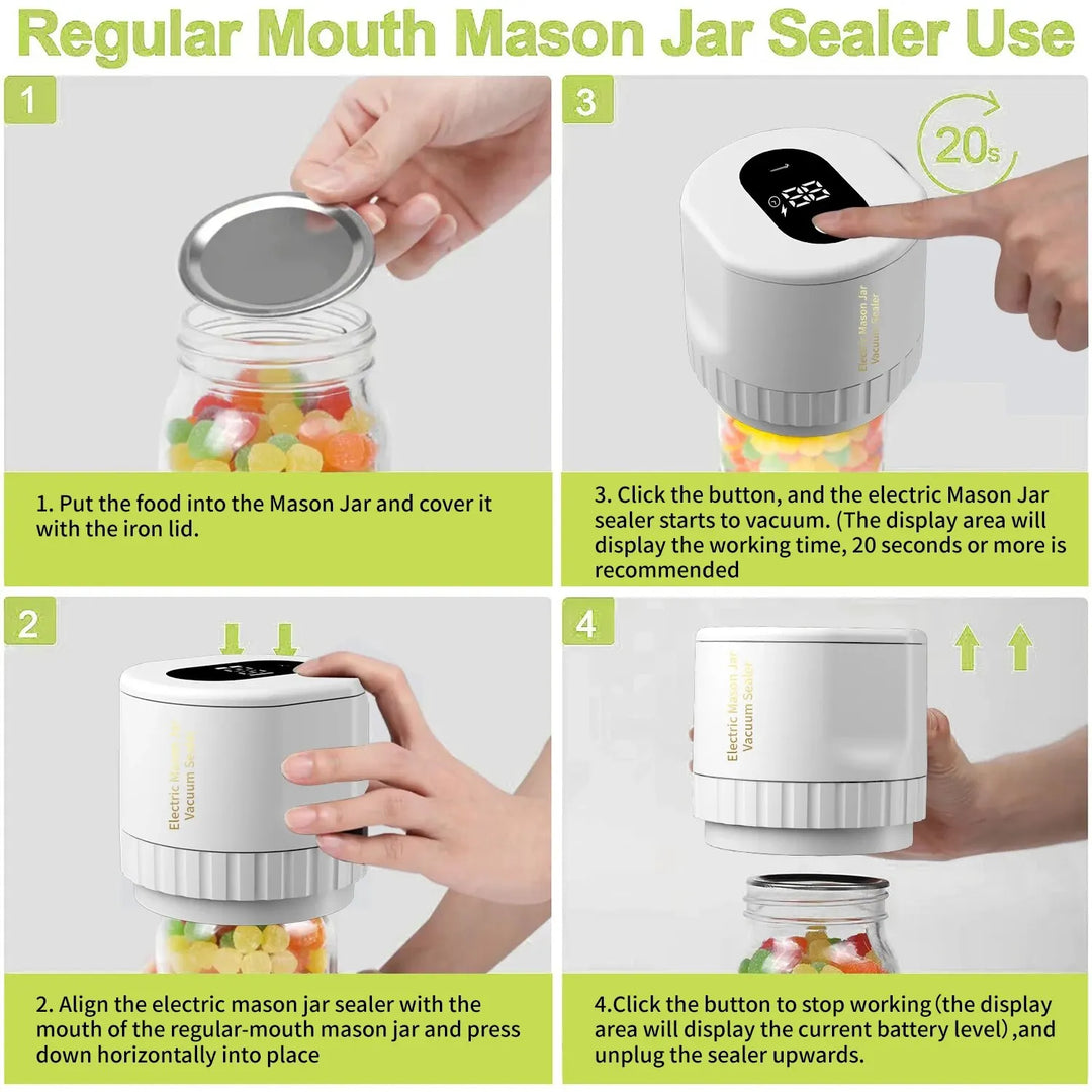 Skanto | Elektrisk Mason Jar Vakuumforseglingssett - Trådløs Forsegler for Brede og Vanlige Mason Krukker - Ideell for Matlagring