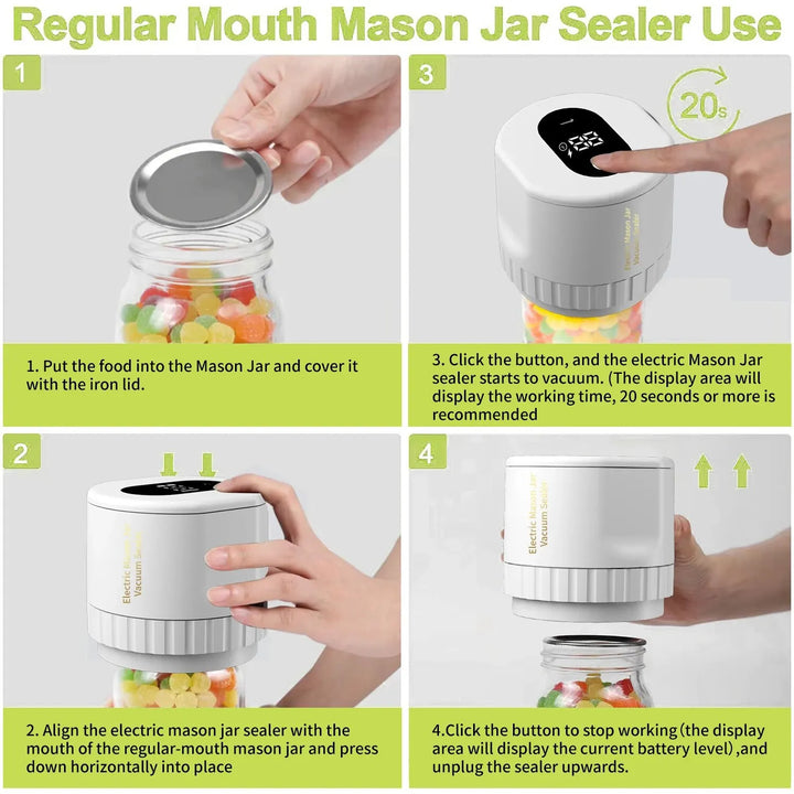 Skanto | Elektrisk Mason Jar Vakuumforseglingssett - Trådløs Forsegler for Brede og Vanlige Mason Krukker - Ideell for Matlagring