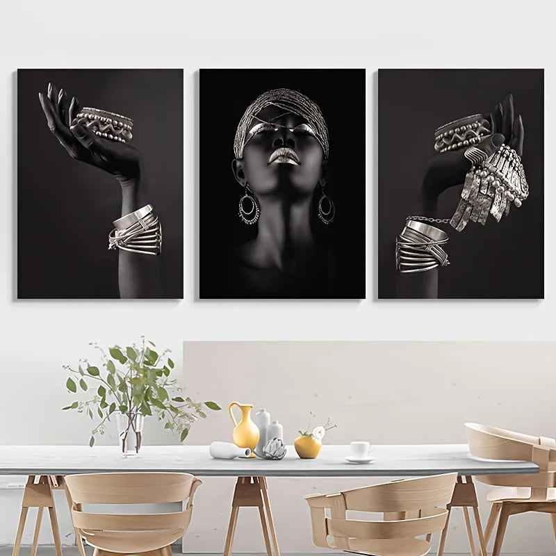 Sett med 3stk svart gul kvinneportrett veggkunst fine art lerrettrykk bilder for luksuriøs stue spisestue hjemmekontor dekor | Skanto