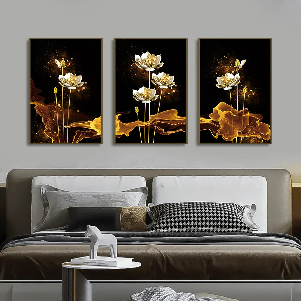 Sett med 3PCs Hvit Gylden Lotus Eksotisk Blomster Veggkunst Fin Kunst Lerret Utskrifter Eksotiske Botaniske Bilder for Luksuriøs Stue Spisestue Soverom Kunst Dekor | Skanto