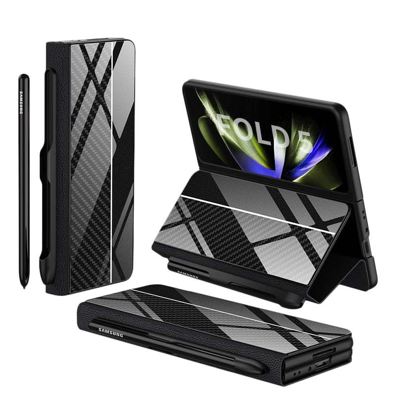 Skanto | Støtbestandig Rustningssak Glassdeksler Stativ Sett Inn Kort Lærsak for Samsung Galaxy Z Fold 5/4