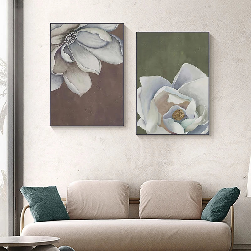 Skandinavisk Stor Blomster Veggkunst Fine Art Lerret Utskrifter Hvite Petal Blomst Plakater Moderne Botaniske Bilder For Foyer Stue | Skanto