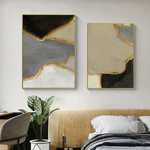 Abstrakt Blokkfarge Veggkunst Svart Grå Beige Gylden Kvalitetslerret Trykk Bilder For Moderne Leilighet Stue Moderne Hjem Dekor | Skanto