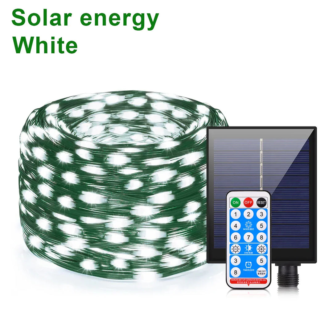 Skanto | Solar Lyslenke 100M LumiSol ProLine | 8 Modus | IP65 vannavstøtende | Ekstra lyse LED-lys | Fjernkontroll & rask lading | For hage, bryllup & jul