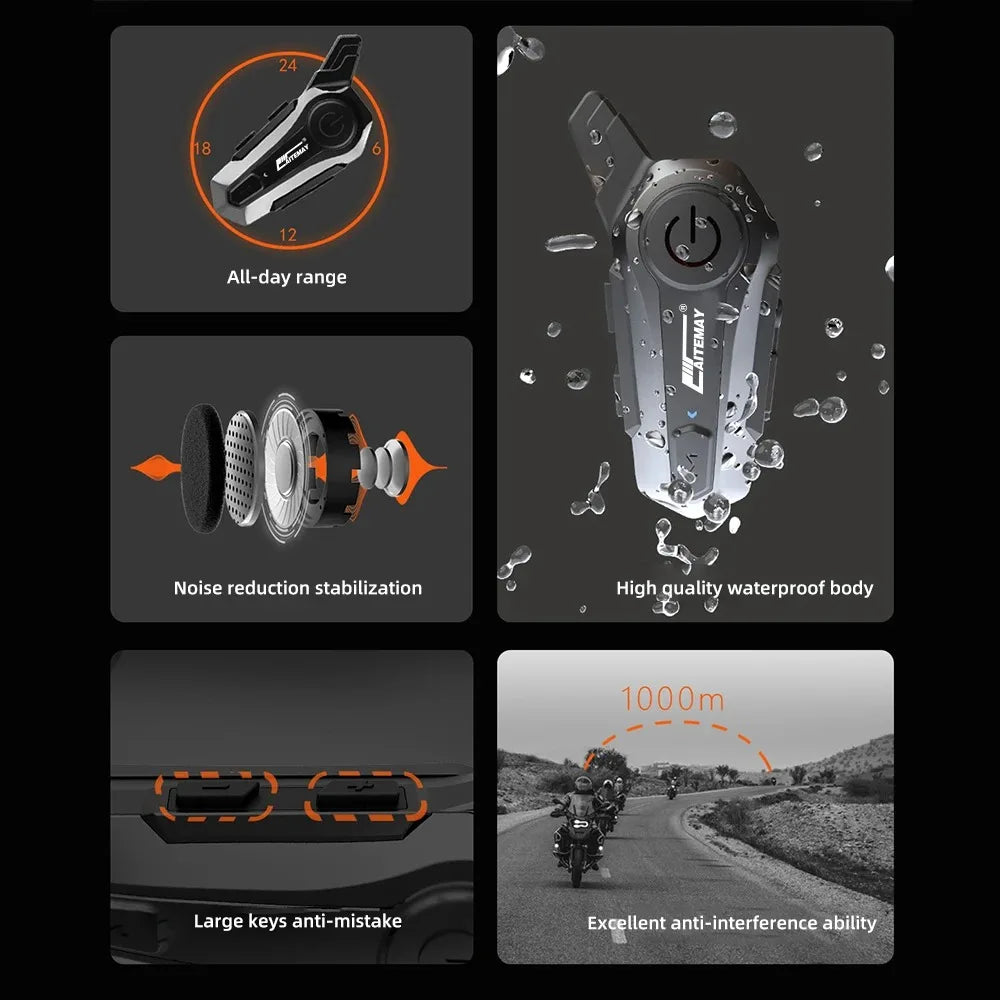 Skanto | Bluetooth Motorsykkel Hjelm Intercom Headset med 1000m Rekkevidde & IPX6 Vanntett – RoadComm