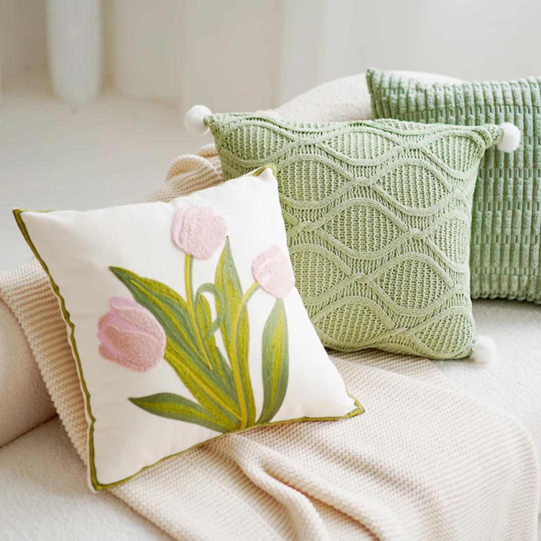 Grønn & Rosa Tulipan Broderi Putetrekk | Skanto