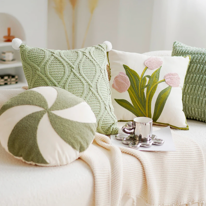 Grønn & Rosa Tulipan Broderi Putetrekk | Skanto