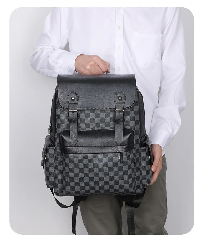 Skanto | Trendy Rute Business Allsidig Herre Ryggsekk Reise Stor Kapasitet Luksus Merke Design Ryggsekk Menn PU Lær Skole Ryggsekk