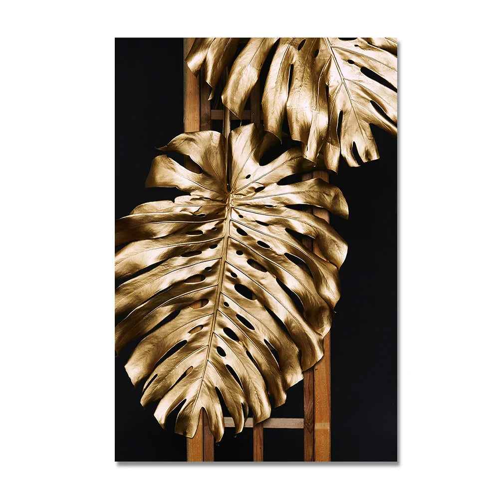 Sett med 3 deler Gyldent blad veggkunst Minimalistisk nordisk tropisk planter Fin kunst lerret trykk bilder for stue spisestue kunst dekor | Skanto