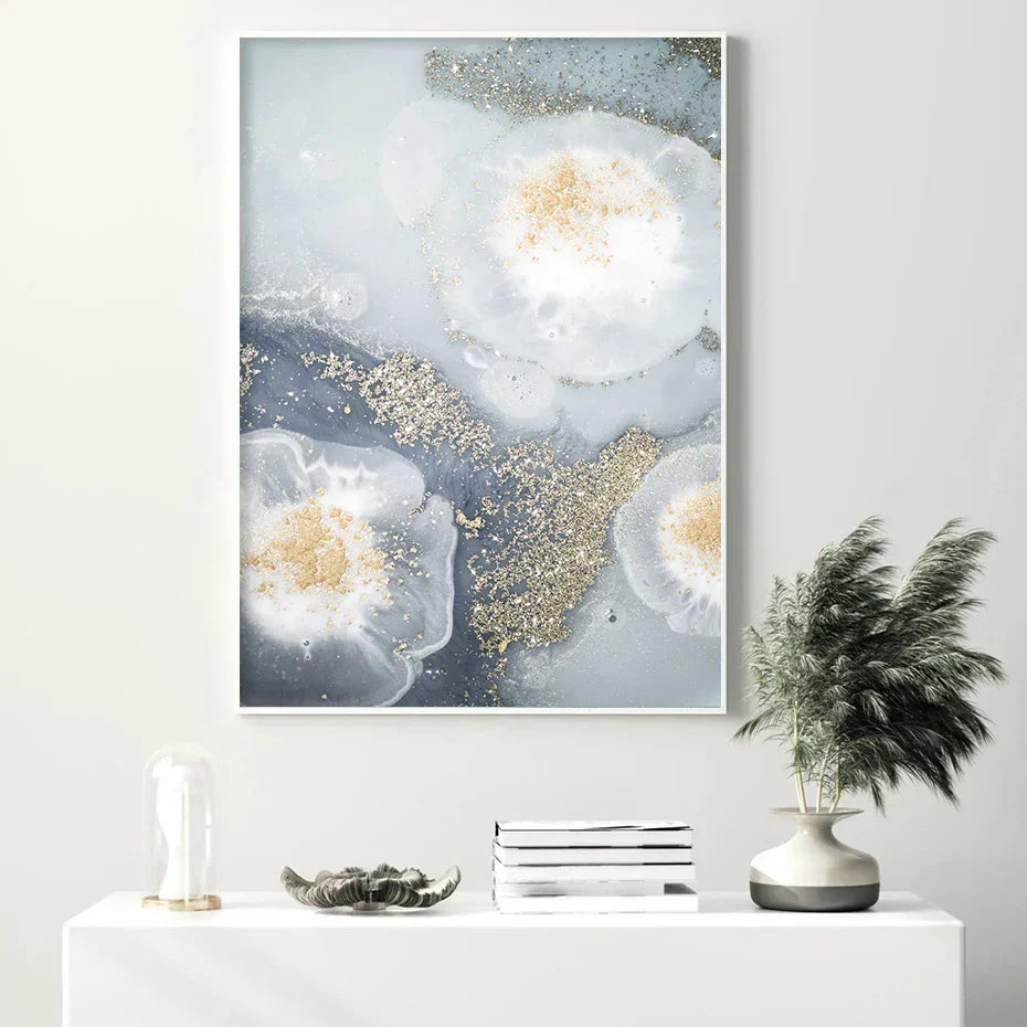 Blå Hvit Gylden Abstrakt Floral Veggkunst Fine Art Lerretsutskrifter Plakatbilde For Moderne Stue Soverom Nordisk Hjem Dekor | Skanto