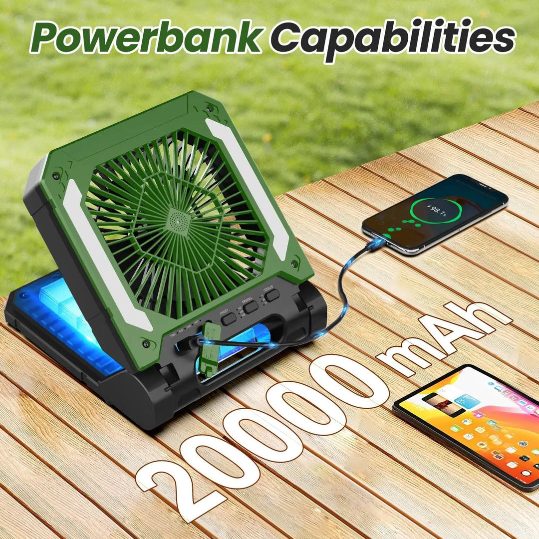 20000mAh Bærbar Elektrisk Vifte med LED Lys — USB, Sol & Bil Lading for Camping | Skanto