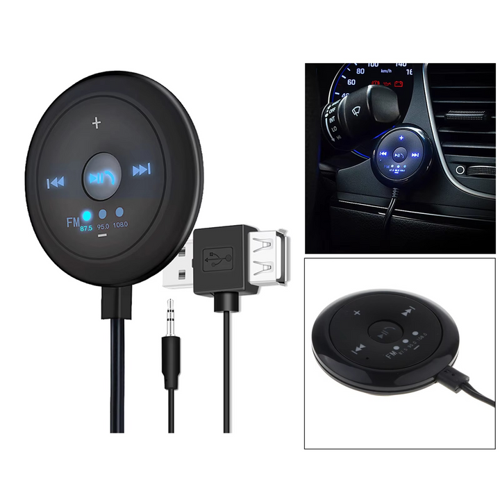 Skanto | 2-i-1 Bluetooth 5.0 Bilspiller med FM-sender, AUX-inngang, 500mAh batteri, 5V inngang, kompatibel med telefoner og nettbrett