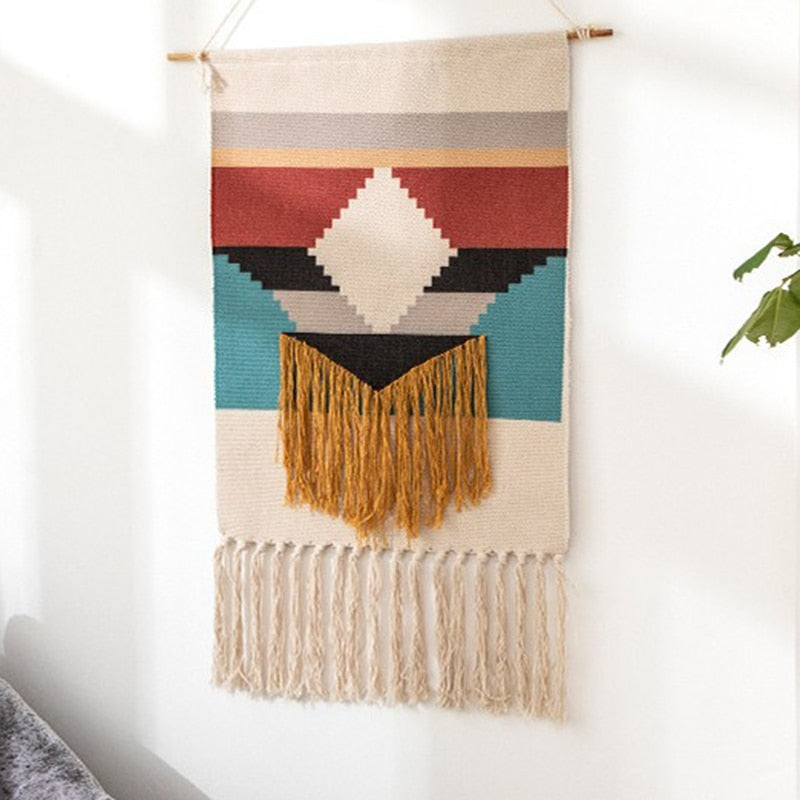 Skanto | Bohemsk Veggteppe, Makramee Vegghengende, Hjemmedekorasjon, Bomull Lin Tassel, Håndlaget, Vevd, Geometrisk Lærred Kunst, Bakgrunns Veggtepper