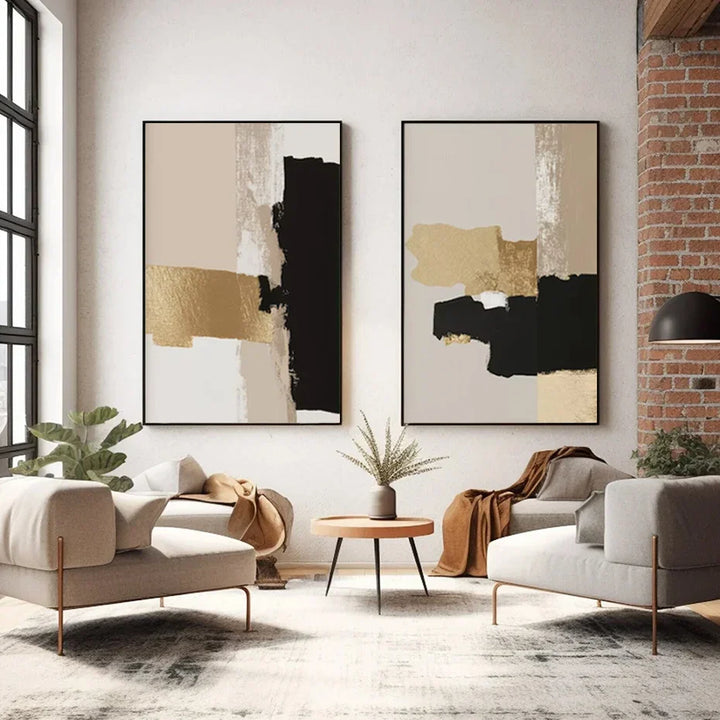 Svart Beige Gylden Fargeblokk Abstrakt Veggkunst Kunstneriske Lerretsutskrifter Moderne Bilder For Stue Soverom Samtidsinteriør Dekor | Skanto
